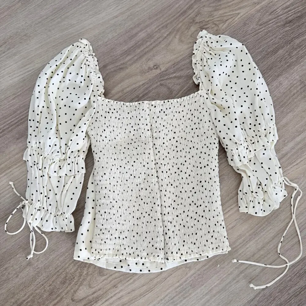 Reformation Nina Polka Dot Puff Sleeve Blouse – Cream/Black